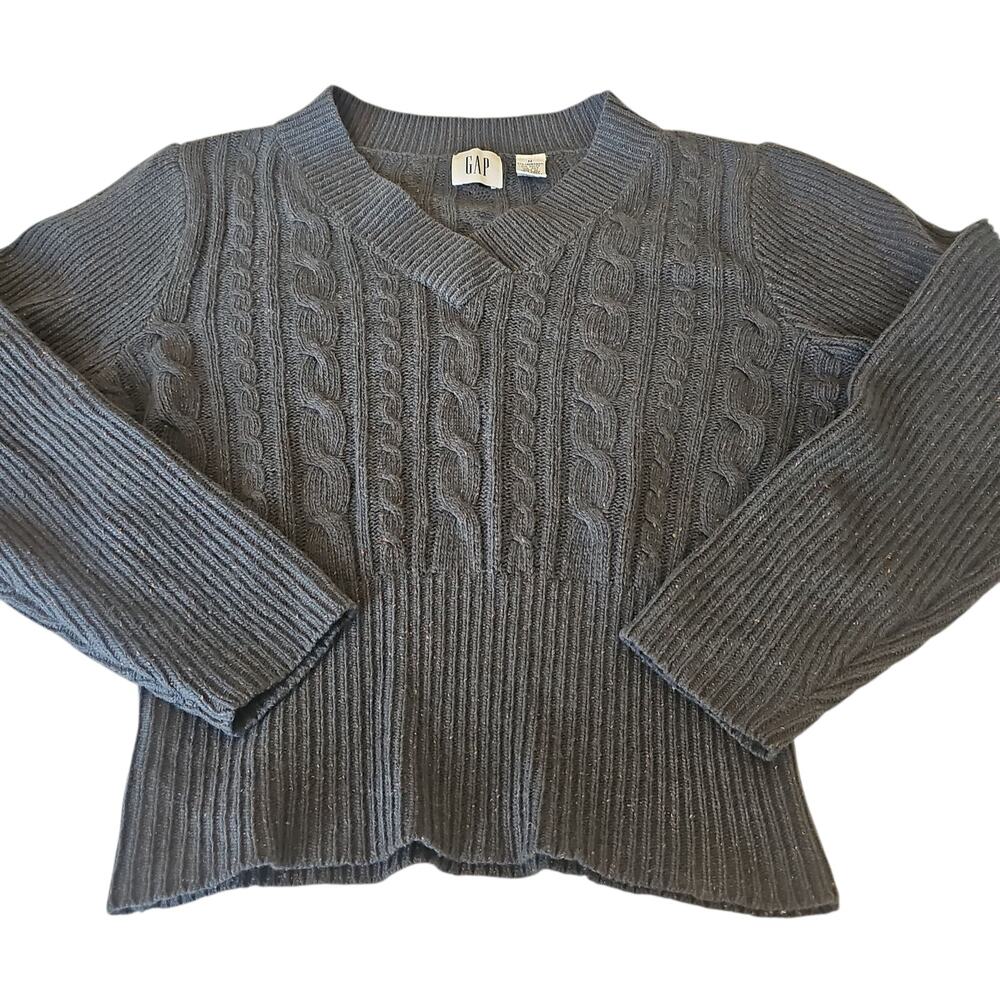 Gap Cable Knit Sweater Lambswool Silk Womens Medium Green Long Sleeves